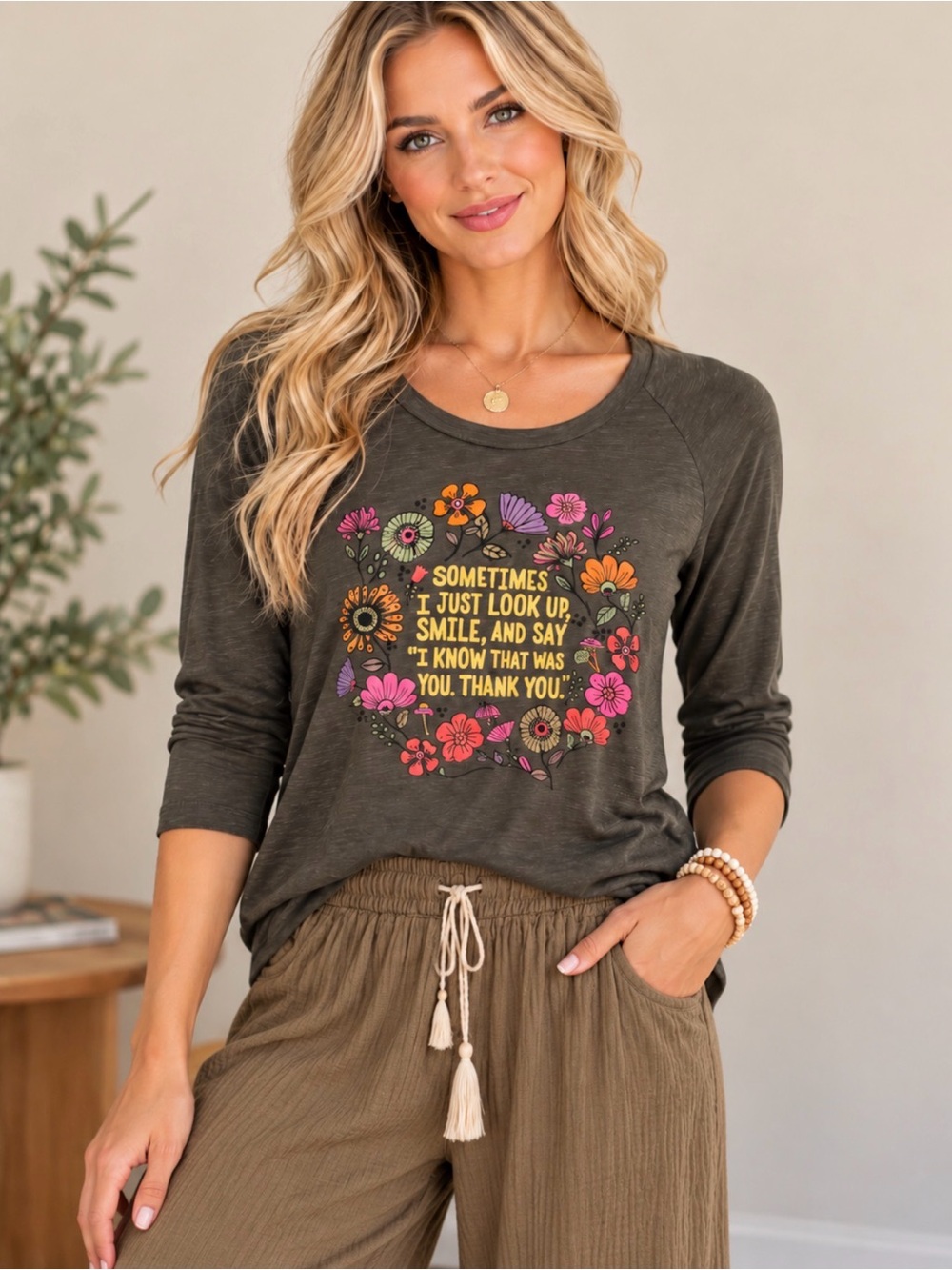 NATURAL LIFE Olive Floral Graphic Long Sleeve Tee with Positive Quote Size Small